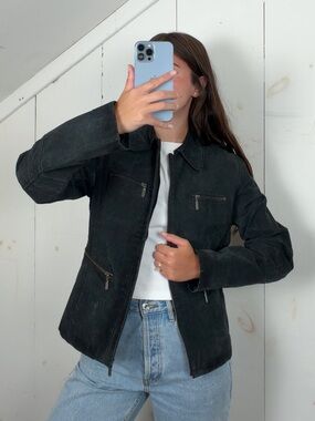 Vintage Black Suede Leather Full Zip Collared Jacket Women’s L Lightweight Y2K